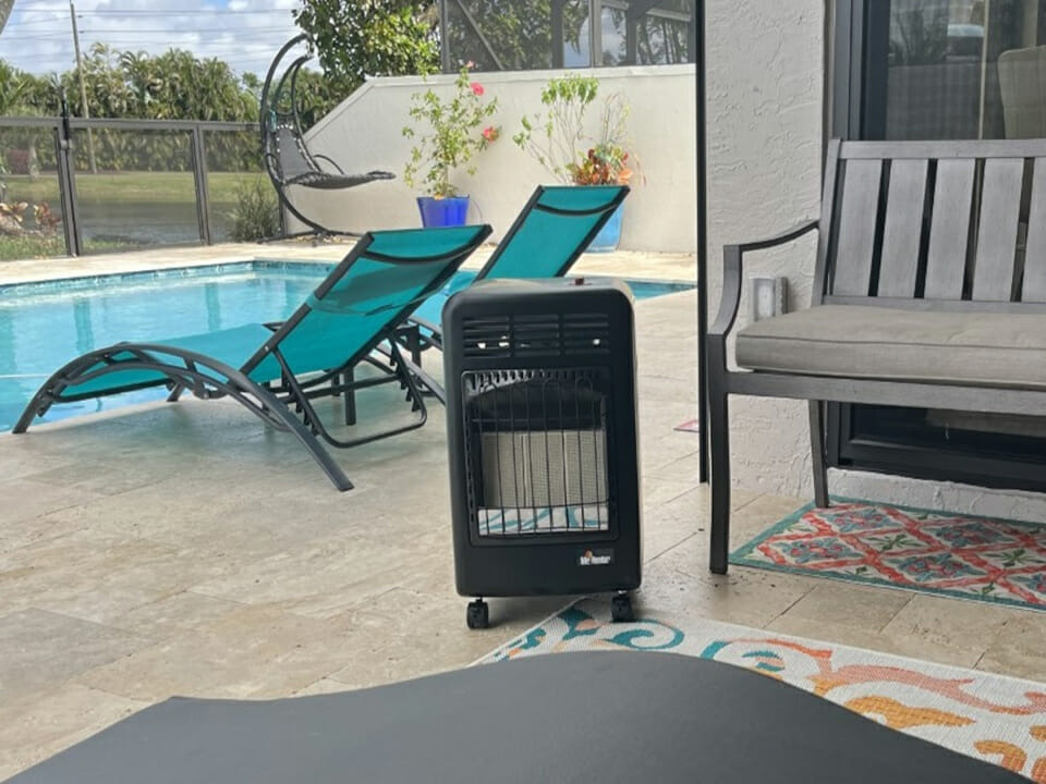 Front view of RSI Radiant Propane Gas Greenhouse Heater in a patio