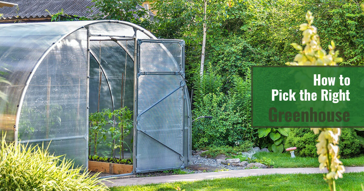 Arched greenhouse with text: How to Pick the Right Greenhouse