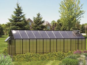 MONT 8x20 Greenhouse - Moheat Edition with a solar fan and tinted roof panels in a garden setting