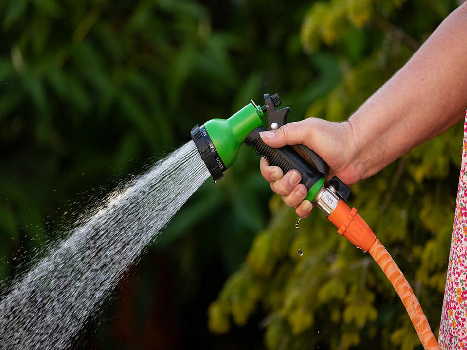 Gardener using a watering hose