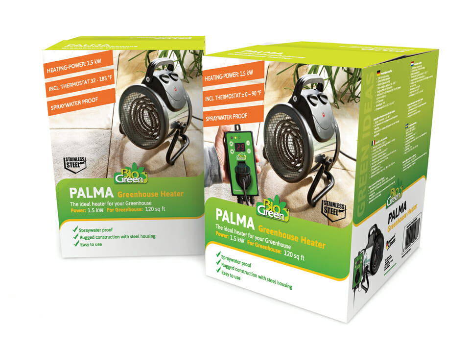 Product box for BioGreen Palma greenhouse heater with and without thermostat