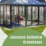 Exterior view of Janssens Cathedral greenhouse with view to plants on interior, with text: Janssens Cathedral Greenhouse: Victorian Elegance for your Garden