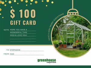 Greenhouse Emporium Christmas Gift Card design in green with greenhouse in Christmas ball