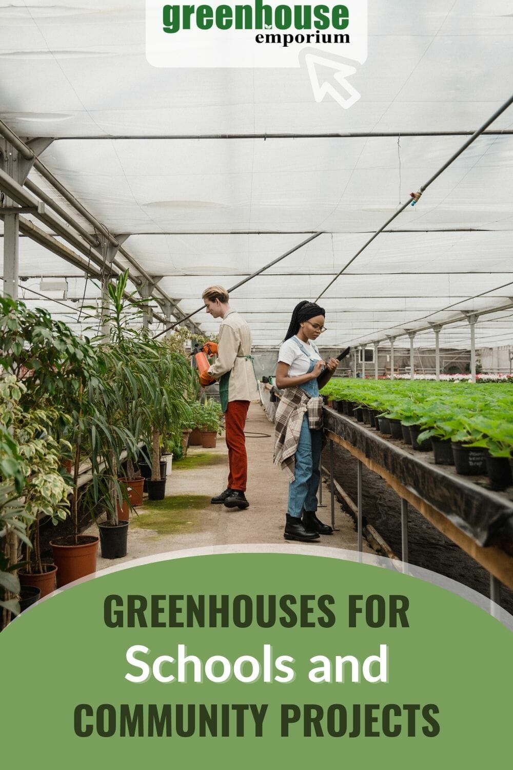 People working in a greenhouse with text: Greenhouse for schools and community projects