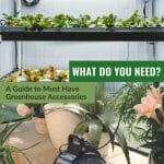 Upper image plants on shelves under grow lights, lower image greenhouse heater surrounded by plants with text: What Do You Need? A Guide to Must Have Greenhouse Accessories