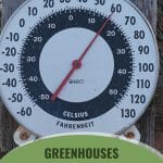 Thermometer with Celcius and Farenheit measures with text: Greenhouses 10 Ways to Cool in the Summer