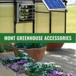Upper image MONT ventilation, lower image irrigation drip system with text: MONT Greenhouse Accessories