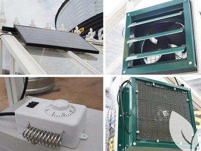 Upper left solar panel on greenhouse exterior, Upper right exterior view of fan with vents open, Lower right interior view of fan with mesh, Lower left thermostat