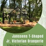 T-shaped Orangerie Greenhouse with the text: Janssens T-Shaped Jr Victorian Orangerie 10ft x 13 ft Glass Greenhouse