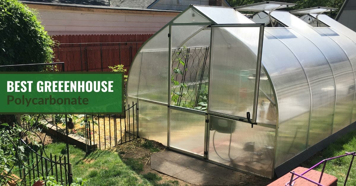 Riga Greenhouse in a garden with the text: Best Greenhouse Polycarbonate