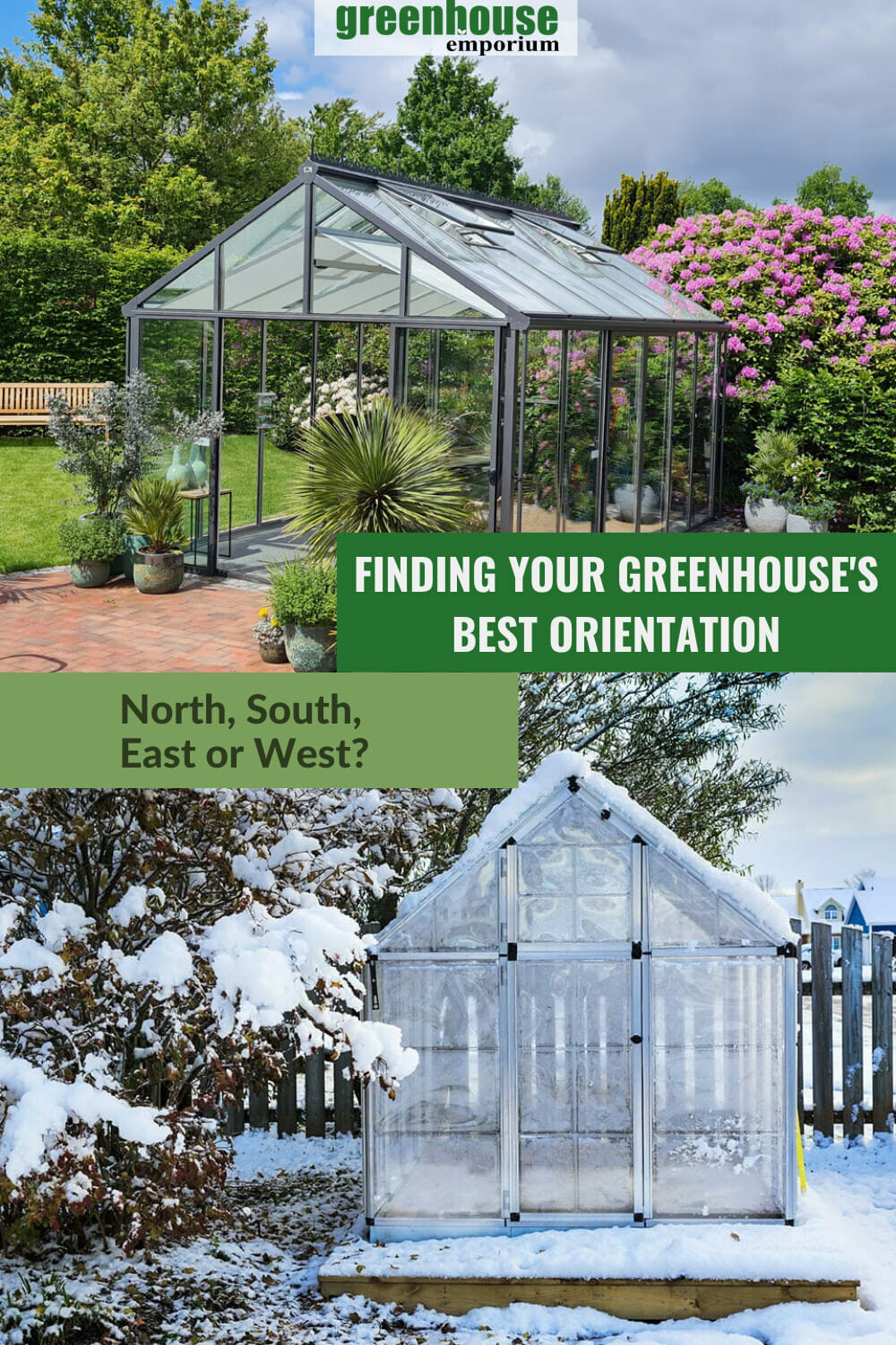 Upper image of greenhouse in summer, lower image of a greenhouse in winter with text: Finding Your Greenhouse's Best Orientation North, South, East or West?