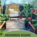 Sitting area and plant shelves in greenhouse with text: Greenhouse Designs Which Suit Your Needs?