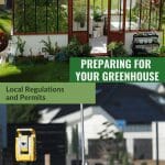Upper image greenhouse, lower image survey equipment with text: Preparing For Your Greenhouse Local Regulations and Permits