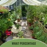 Greenhouse with seating area and plants with interior shade cloth, with text: What Percentage Shade Cloth for Greenhouse? A Complete Guide