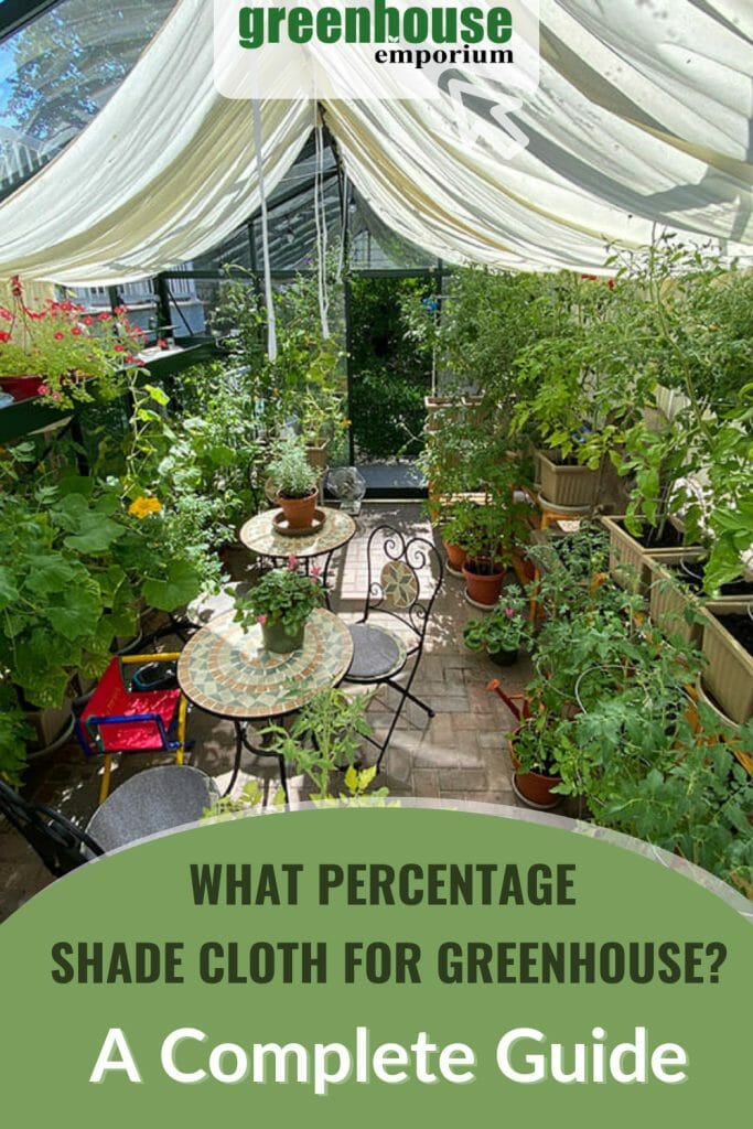 Greenhouse with seating area and plants with interior shade cloth, with text: What Percentage Shade Cloth for Greenhouse? A Complete Guide