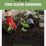 Gardener with seedlings in soil with text: The Joy of Four Season Gardening