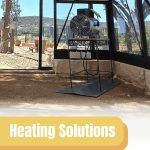 Small heater on a shelf inside of a glass greenhouse with a graphic at the bottom reading "Heating Solutions for Greenhouses"