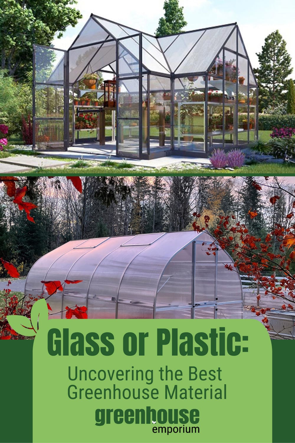 Upper image exterior view of glass greenhouse, lower image plastic greenhouse with text: Glass or Plastic: Uncovering the Best Greenhouse Material