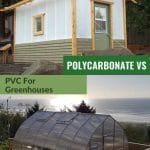 Partially constructed A-frame greenhouse and fully constructed onion greenhouse with text: Polycarbonate vs PVC for Greenhouses