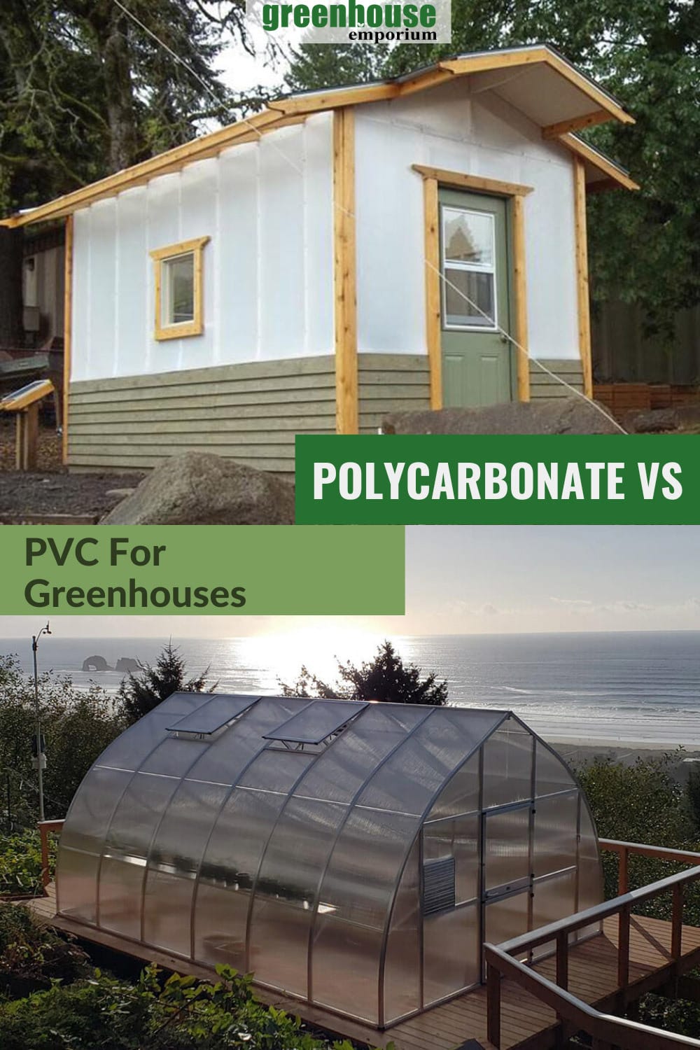 Partially constructed A-frame greenhouse and fully constructed onion greenhouse with text: Polycarbonate vs PVC for Greenhouses