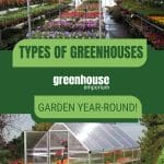Interior of greenhouse and exterior a-frame greenhouse with text: Types of Greenhouses Garden Year-Round!