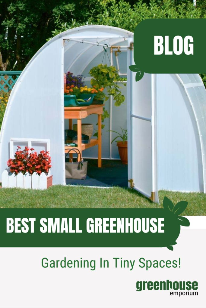 Solexx greenhouse with text: Best Small Greenhouse Gardening in Tiny Spaces!