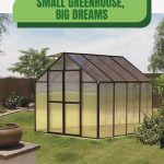 Small polycarbonate greenhouse in lawn with text: Small Greenhouse, Big Dreams Your Gardening Oasis