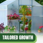 Exterior of A-frame greenhouse with text: Tailored Growth Finding Your Greenhouse Dimensions