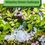 Plants with hail, text: Mitigating Climate Challenges With Greenhouses