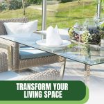 Table and chair inside greenhouse with text: Transform Your Living Space With Indoor Greenhouses