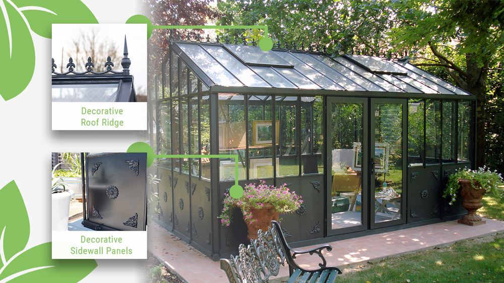 Showcase for the decorative features of the Exaco Janssens Retro Victorian Greenhouse including the roof ridge decor and sidewall panels