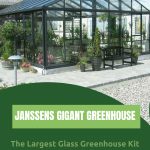Janssens Gigant Greenhouse exterior with text: Janssens Gigant Greenhouse The Largest Glass Greenhouse Kit