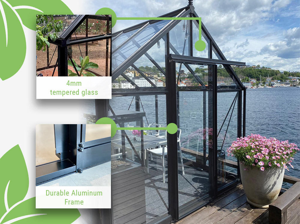 Janssens Junior Victorian Glass Greenhouse by the water with features showcasing the 4 mm tempered glass and the durable aluminum frame