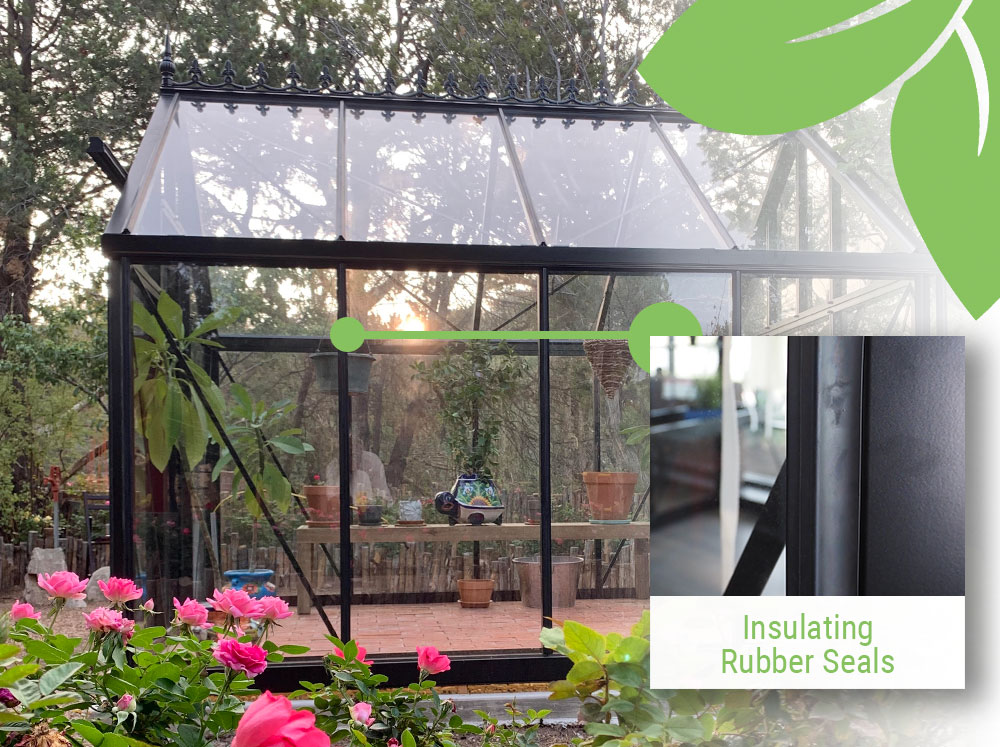 Janssens Junior Glass Greenhouse with a feature window for the insulating rubber seals that are holding the full-length glass panels in place