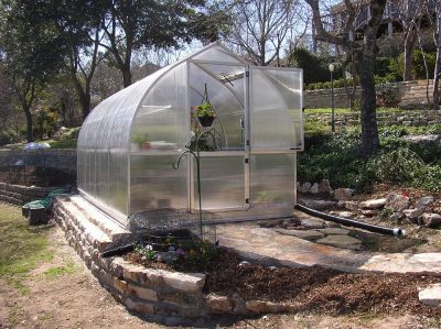 Riga 4S Greenhouse in a backyard with teh top part of the Dutch door open