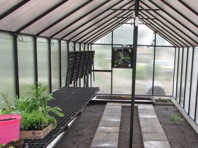 Riverstone MONT Greenhouse Workbench on side with half folded up