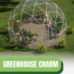 Geodesic dome with text: Greenhouse Charm Discover Different Greenhouse Styles