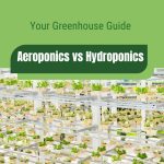 Soil-less setup in greenhouse with text: Your Greenhouse Guide Aeroponics vs Hydroponics