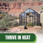 Greenhouse in desert setting with text: Thrive in Heat Greenhouses for Arid Areas
