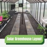 Interior of greenhouse with text: Solar Greenhouse Layout Maximizing Solar Exposure