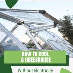 Greenhouse with vent open with text: How to Cool a Greenhouse without Electricity