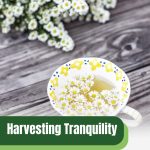 Chamomile flowers in teacup with text: Harvesting Tranquility Chamomile Gardening in a Greenhouse