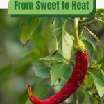 Red pepper on plant with text: From Sweet to Heat Grow Various Greenhouse Peppers