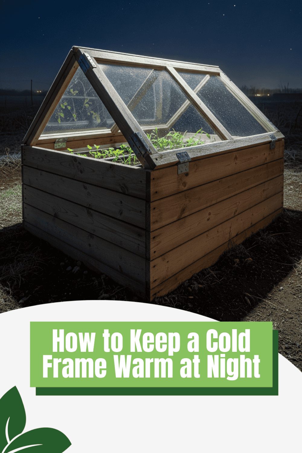 Exterior of a small cold frame with a hinged roof at night. There is a graphic at the bottom of the screen that reads "How to Keep a Cold Frame Warm at Night".