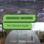 Greenhouse site preparation and installed greenhouse with text: Greenhouse Anchoring The Ultimate Guide