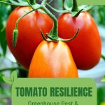 Tomatoes on vine with text: Tomato Resilience Greenhouse Pest and Disease Guide