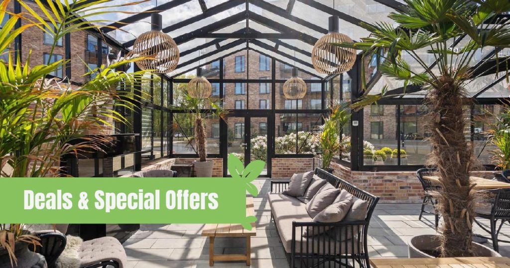 Inside a beautiful glass greenhouse with the text: Deals & Special Offers