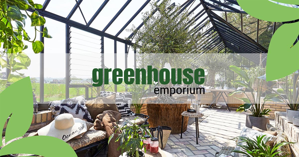 Glass greenhouse with the Greenhouse Emporium Logo as an overlay