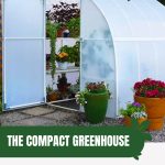 Lean-to greenhouse with plants in pots with text: The Compact Greenhouse Sufficient for a Family's Needs?