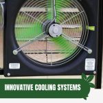 Greenhouse fan on a wall with text: Innovative Cooling Systems for Summer Greenhouses